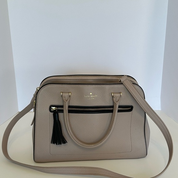 Kate Spade leather satchel bag with removable strap in taupe w/ black trim. - Picture 14 of 16